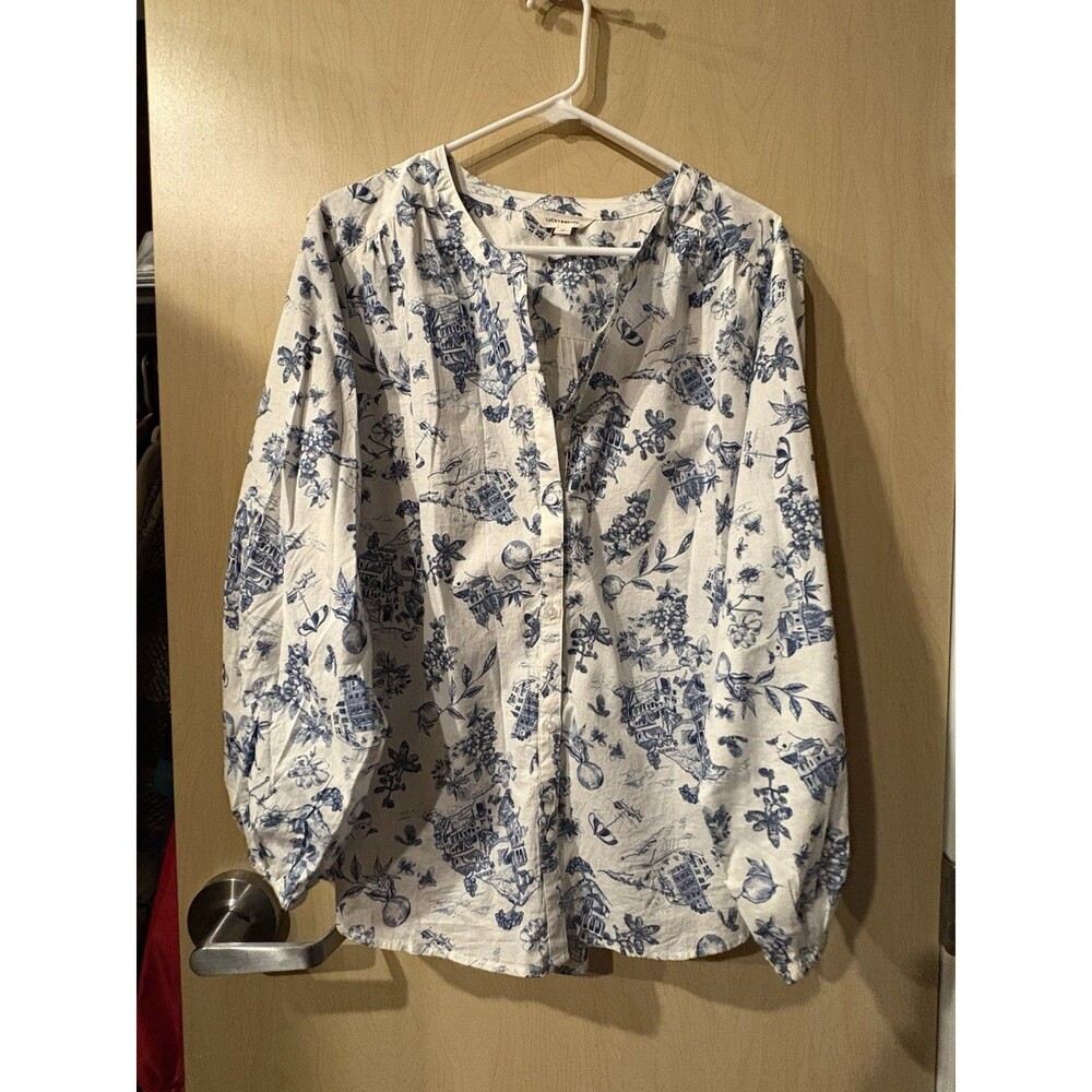 Lucky Brand XL Toile Print Peasant Blouse Balloon Sleeve Blue White Boho Top - Picture 2 of 6